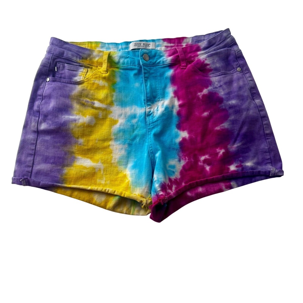 Judy Blue Tie Dye Denim Shorts Raw‎ Hem Casual Colorful 2XL